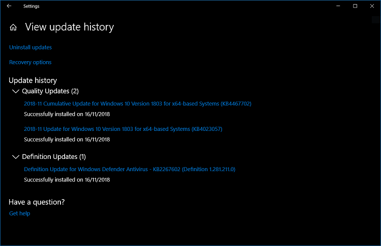 Cumulative Update KB4467702 Windows 10 v1803 Build 17134.407 - Nov. 13-wu-update-history.png
