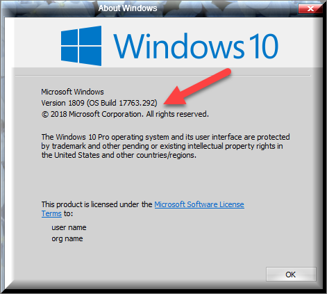 Cumulative Update KB4476976 Windows 10 v1809 Build 17763.292 - Jan. 22-winver-after-installing-kb4476976.png