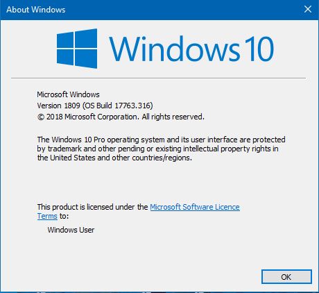 Current Status of Windows 10 October 2018 Update version 1809-17763.316.jpg