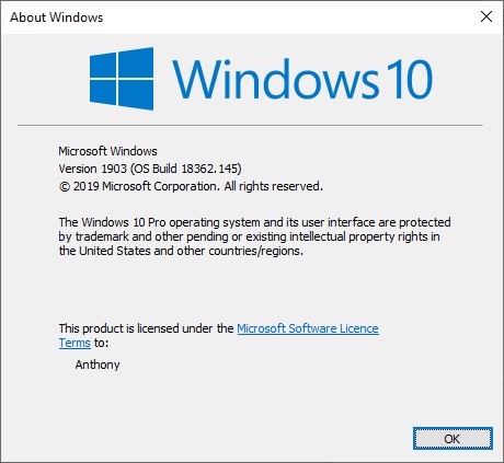 Cumulative Update KB4497935 Windows 10 v1903 build 18362.145 - May 29-winver.jpg