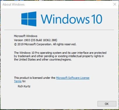 Cumulative Update KB4524147 Windows 10 v1903 build 18362.388 - Oct. 3-winver.388.jpg