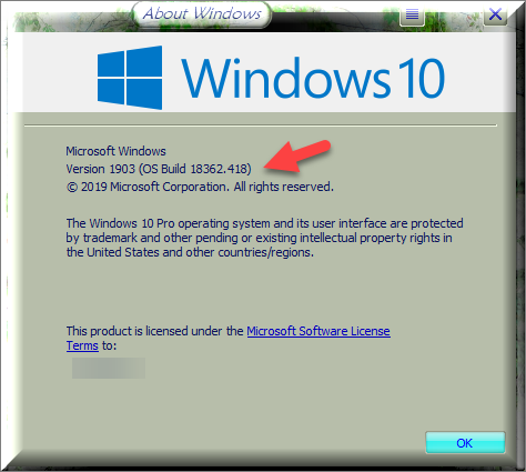 Cumulative Update KB4517389 Windows 10 v1903 build 18362.418 - Oct. 8-winver-after-installing-kb4517389.png