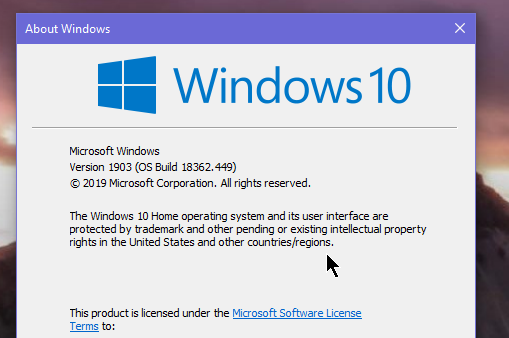 Cumulative Update KB4522355 Windows 10 v1903 build 18362.449 - Oct. 24-winver-oct-24.png