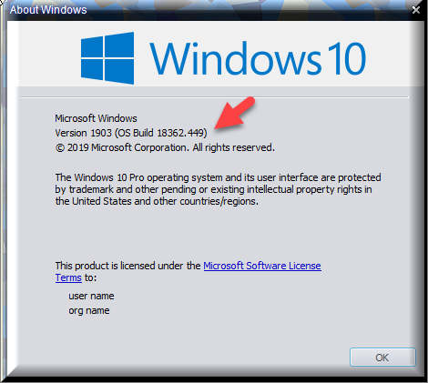Cumulative Update KB4522355 Windows 10 v1903 build 18362.449 - Oct. 24-winver-after-installing-kb4522355.png