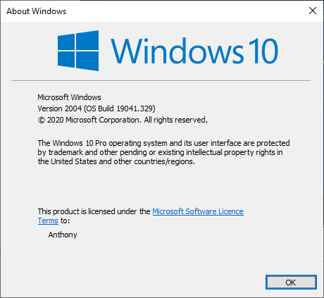 KB4557957 Cumulative Update Windows 10 v2004 build 19041.329 - June 9-winver.png