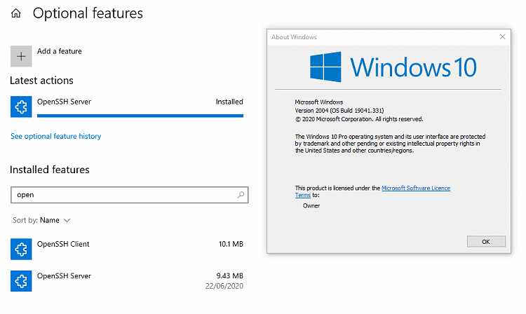 KB4567523 Cumulative Update Windows 10 v2004 build 19041.331 - June 18-2004-openshh-server-installed.png