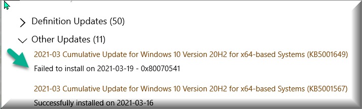 KB5001649 CU Windows 10 v2004 build 19041.870 and v20H2 19042.870-failed-install-kb5001649.png