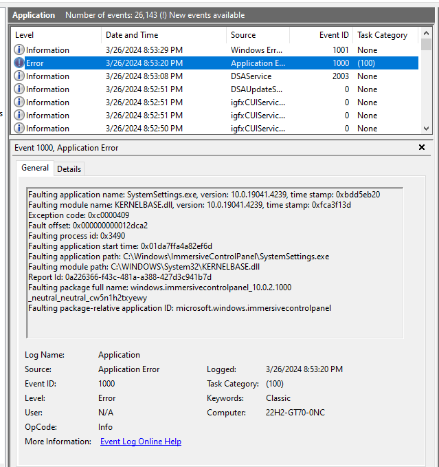 KB5035941 Windows 10 Cumulative Update Preview build 19045.4239 (22H2)-settingscrash.png