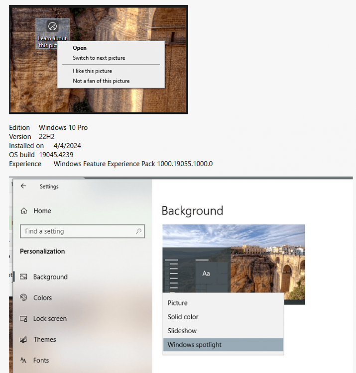 KB5035941 Windows 10 Cumulative Update Preview build 19045.4239 (22H2)-windowsspotlightbackground.png