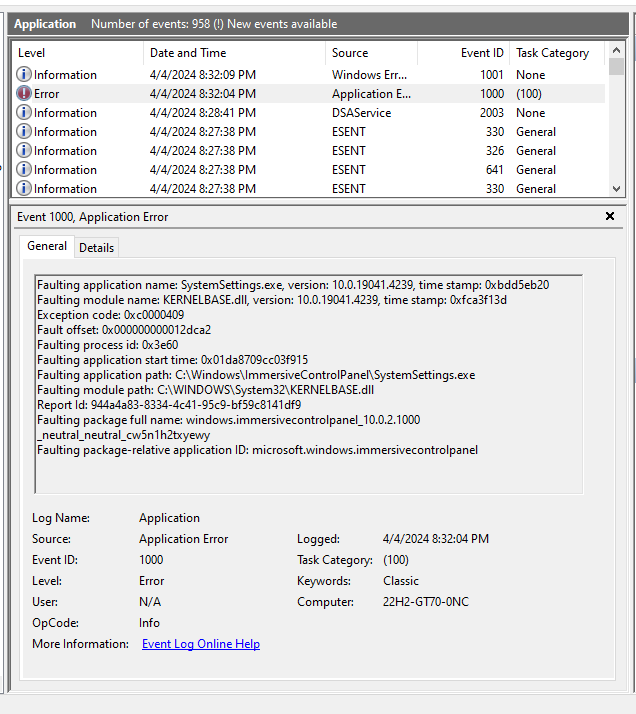 KB5035941 Windows 10 Cumulative Update Preview build 19045.4239 (22H2)-systemsettingcrash.png