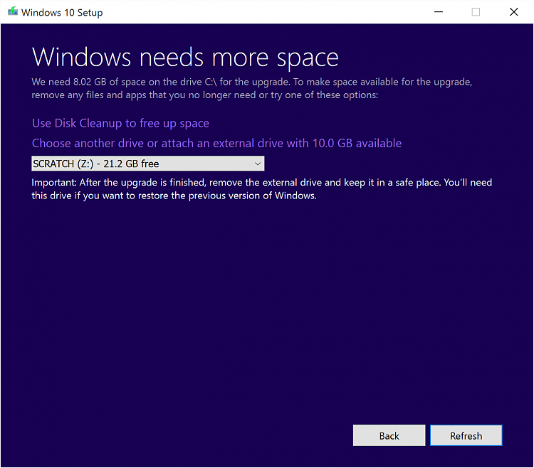 Windows 10 Threshold 2 (November Update) Installation Problems-needs-more-space-2.png