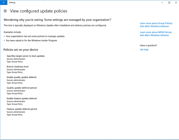 Windows 10 1703 to 1709 Defer Feature Updates Registry &quot;Hack&quot; Issues-1709-settings-configured-update-policies.png