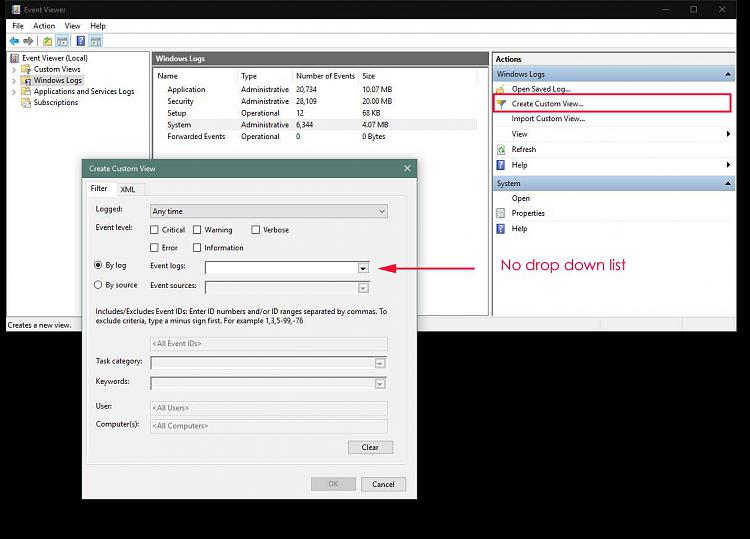 Event Viewer 'Create Custom View' Drop Down gone w/ clean 1803 Home-eventviewproblem.jpg