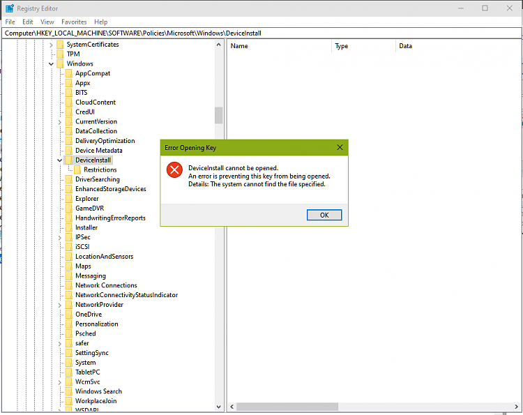 Persistent refusal to disable &quot;exclude driver update&quot;-registry-device-install-key-error.png