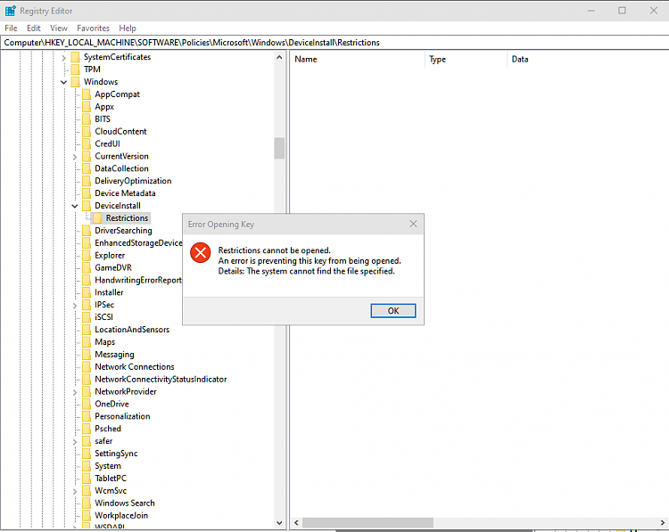 Persistent refusal to disable &quot;exclude driver update&quot;-registry-device-install-restrictions-key-error.png