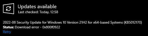 0x800f0922 failed to install 0x800f0922 failed to install